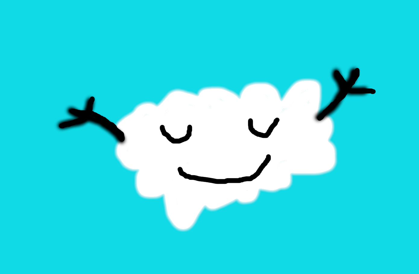 tolle Wolke, mit geschlossenen augen, fliegt ueber den bildschirm und haelt die haende hoch